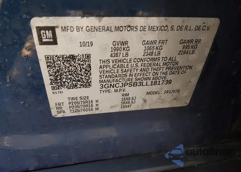 2020 Chevrolet Trax Awd Lt из США, поврежденный, VIN 3GNCJPSB3LL181739